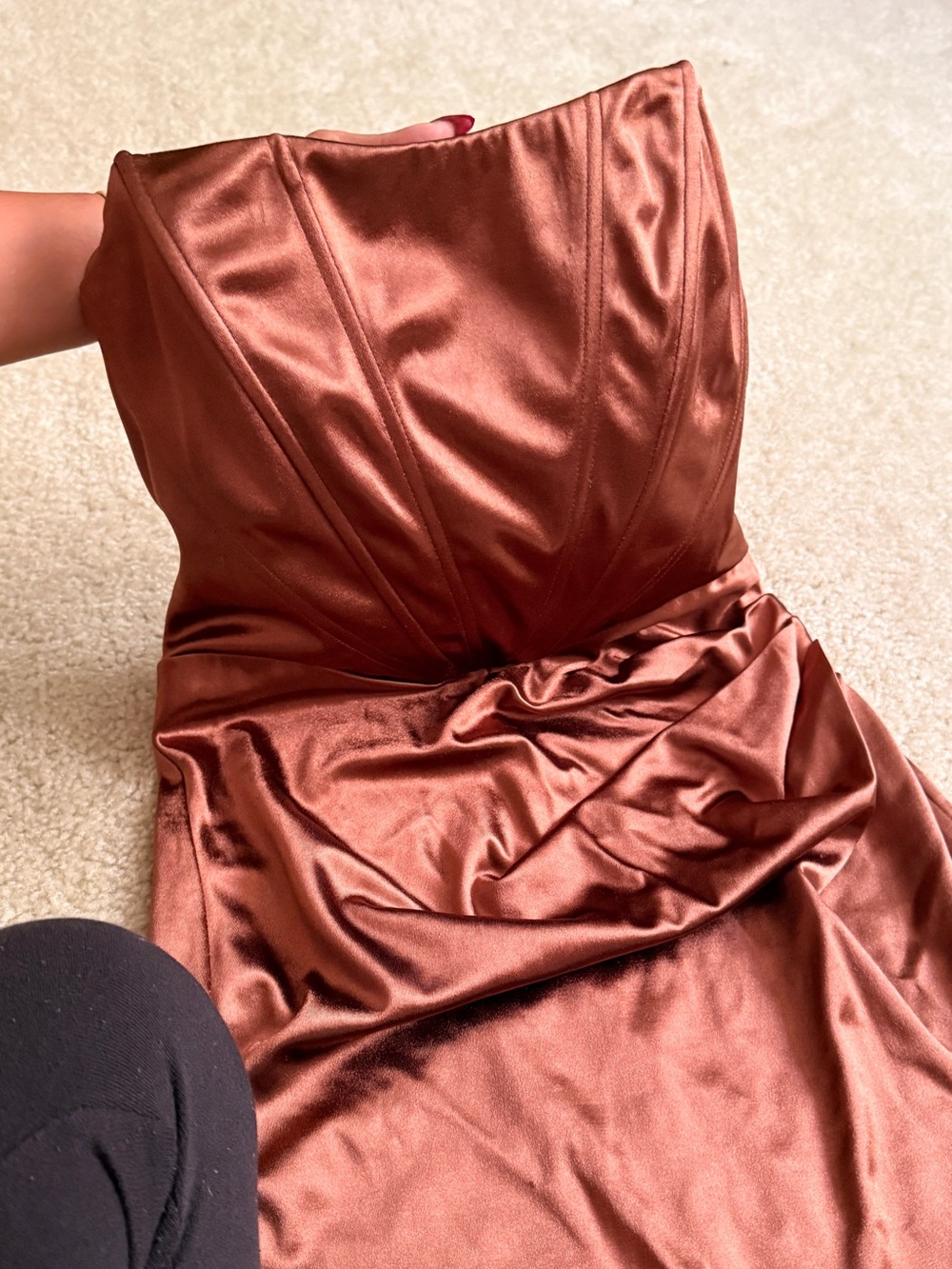 Satin Ruched Evening Dress in Copper